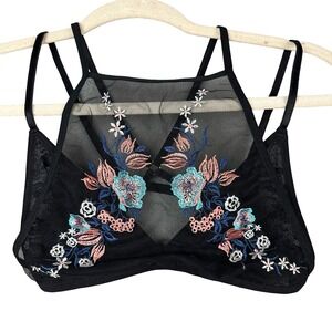 IJAK Embroidered Bralette Womens Small Black Mesh Floral Strappy Sheer